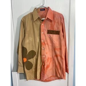 Upcycled Flower Power Shirt Small Orange Tie Dye Floral Embroidered Hippie